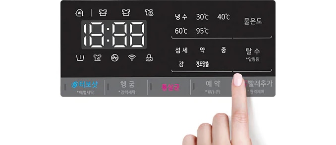 디지털 디스플레이에 시간 18:88이 표시되어 있으며, 다양한 아이콘과 함께 냉수, 30℃, 40℃, 60℃, 95℃의 물온도를 선택할 수 있는 옵션이 있습니다. 세탁 강도를 섬세, 약, 중, 강으로 설정할 수 있으며, 건조선택과 탈수 기능도 포함되어 있습니다. 하단에는 터보샷, 헹굼, 통살균, 예약, 빨래추가 버튼이 나열되어 있으며, 손가락이 빨래추가 버튼을 가리키고 있습니다.