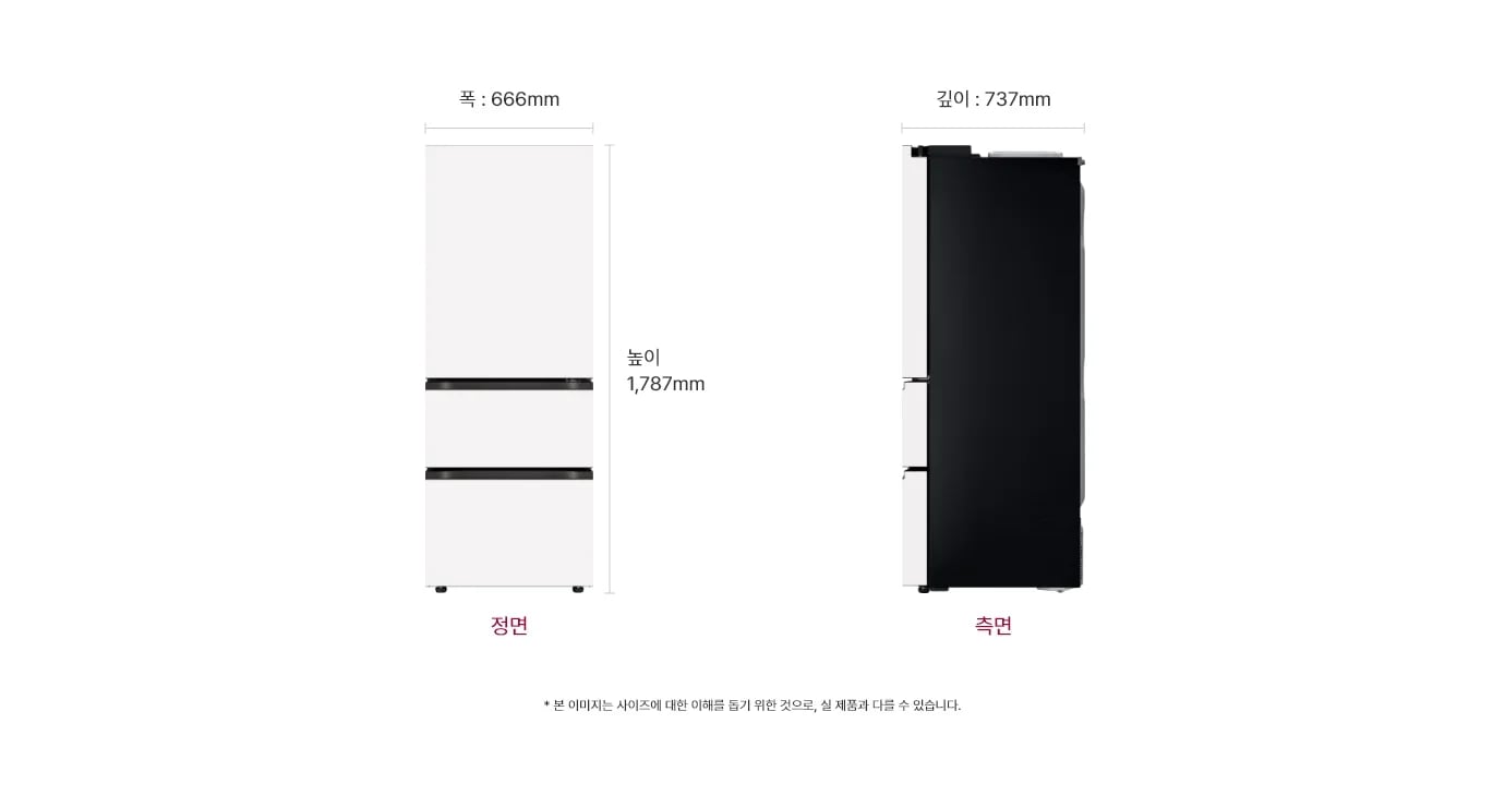 냉장고의 정면과 측면 모습이 나와 있으며, 정면은 폭 666mm, 높이 1,787mm로 표시되어 있고, 측면은 깊이 737mm로 표시되어 있습니다. 하단에는 본 이미지는 사이즈에 대한 이해를 돕기 위한 것으로, 실 제품과 다를 수 있습니다.라는 문구가 포함되어 있습니다.